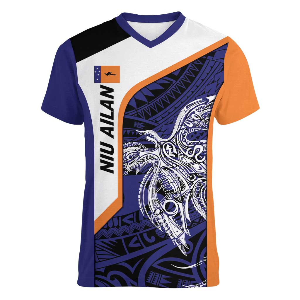 Personalised PNG New Ireland Women V-Neck T-Shirt Bird of Paradise Tattoo Flag Motif LT9 Female Orange - Polynesian Pride