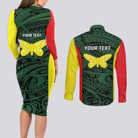 Personalised PNG Oro Province Couples Matching Long Sleeve Bodycon Dress and Long Sleeve Button Shirt Bird of Paradise Tattoo Flag Motif LT9 - Polynesian Pride