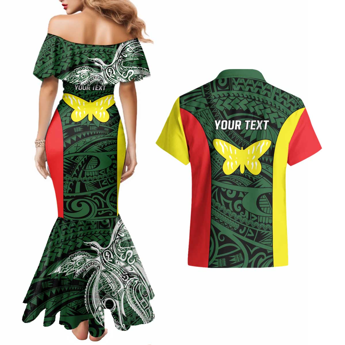 Personalised PNG Oro Province Couples Matching Mermaid Dress and Hawaiian Shirt Bird of Paradise Tattoo Flag Motif LT9 - Polynesian Pride