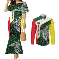 Personalised PNG Oro Province Couples Matching Mermaid Dress and Long Sleeve Button Shirt Bird of Paradise Tattoo Flag Motif LT9 Green - Polynesian Pride