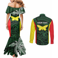 Personalised PNG Oro Province Couples Matching Mermaid Dress and Long Sleeve Button Shirt Bird of Paradise Tattoo Flag Motif LT9 - Polynesian Pride