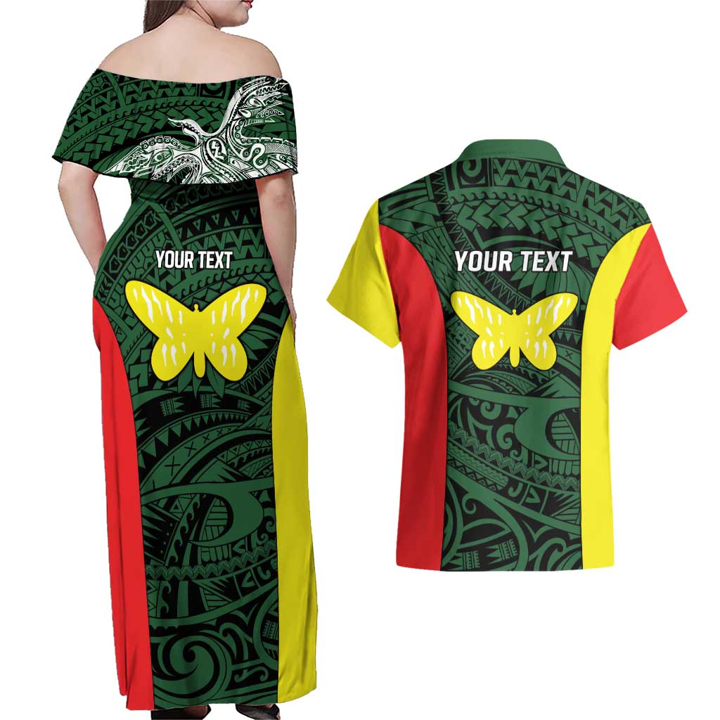 Personalised PNG Oro Province Couples Matching Off Shoulder Maxi Dress and Hawaiian Shirt Bird of Paradise Tattoo Flag Motif LT9 - Polynesian Pride