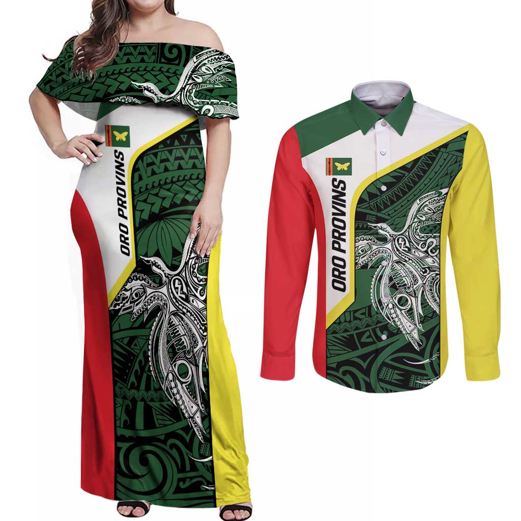 Personalised PNG Oro Province Couples Matching Off Shoulder Maxi Dress and Long Sleeve Button Shirt Bird of Paradise Tattoo Flag Motif - Polynesian Pride