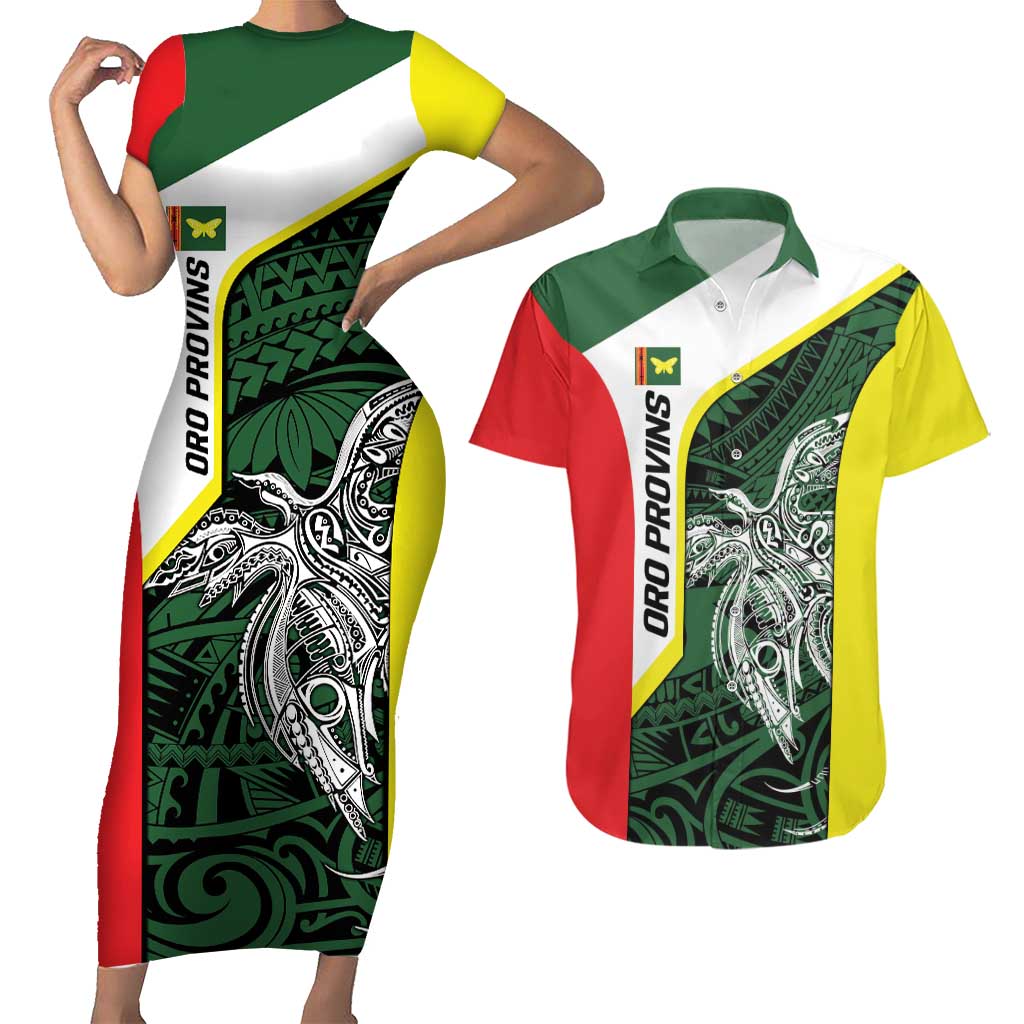 Personalised PNG Oro Province Couples Matching Short Sleeve Bodycon Dress and Hawaiian Shirt Bird of Paradise Tattoo Flag Motif LT9 Green - Polynesian Pride