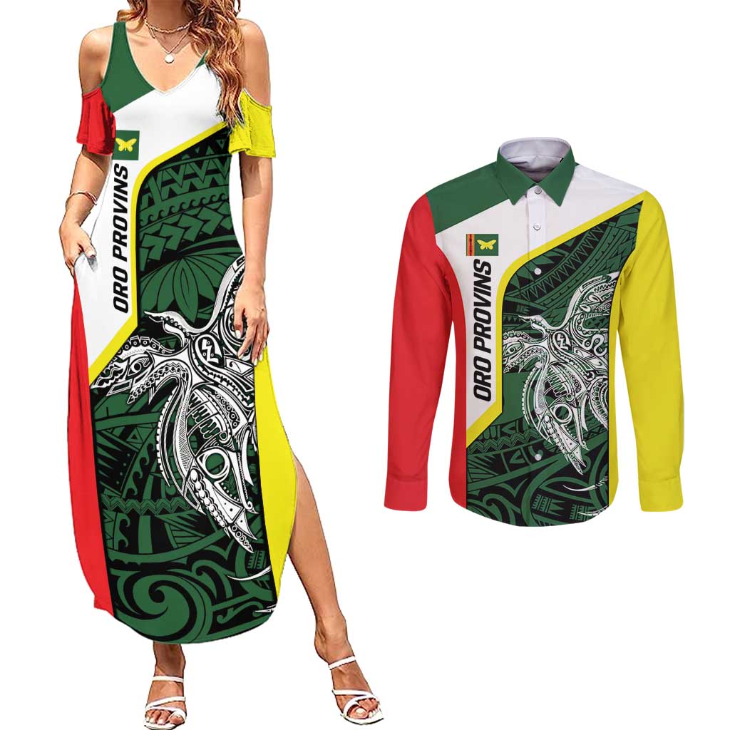 Personalised PNG Oro Province Couples Matching Summer Maxi Dress and Long Sleeve Button Shirt Bird of Paradise Tattoo Flag Motif LT9 Green - Polynesian Pride