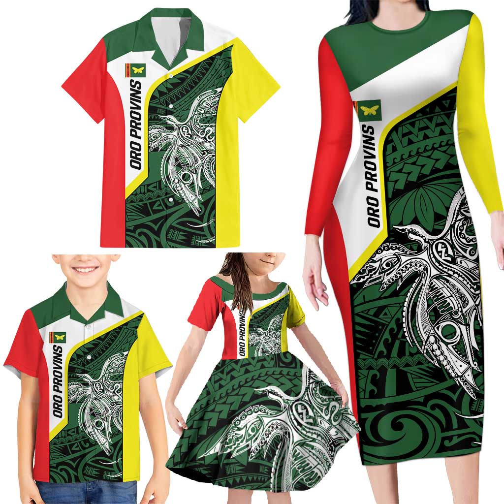 Personalised PNG Oro Province Family Matching Long Sleeve Bodycon Dress and Hawaiian Shirt Bird of Paradise Tattoo Flag Motif LT9 - Polynesian Pride