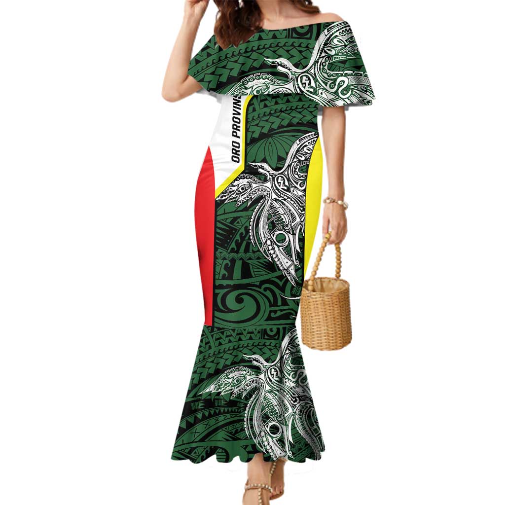 Personalised PNG Oro Province Family Matching Mermaid Dress and Hawaiian Shirt Bird of Paradise Tattoo Flag Motif LT9 Mom's Dress Green - Polynesian Pride