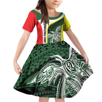 Personalised PNG Oro Province Family Matching Off Shoulder Short Dress and Hawaiian Shirt Bird of Paradise Tattoo Flag Motif LT9 Daughter's Dress Green - Polynesian Pride