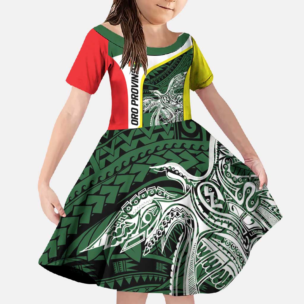 Personalised PNG Oro Province Family Matching Short Sleeve Bodycon Dress and Hawaiian Shirt Bird of Paradise Tattoo Flag Motif LT9 Daughter's Dress Green - Polynesian Pride
