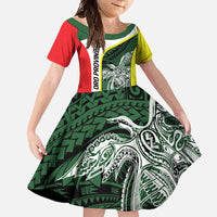 Personalised PNG Oro Province Family Matching Summer Maxi Dress and Hawaiian Shirt Bird of Paradise Tattoo Flag Motif LT9 Daughter's Dress Green - Polynesian Pride
