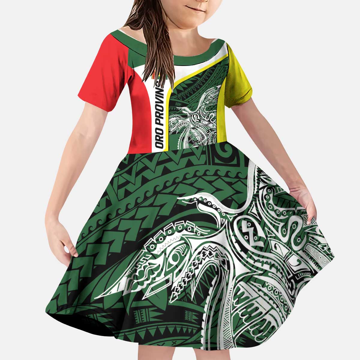 Personalised PNG Oro Province Kid Short Sleeve Dress Bird of Paradise Tattoo Flag Motif - Polynesian Pride