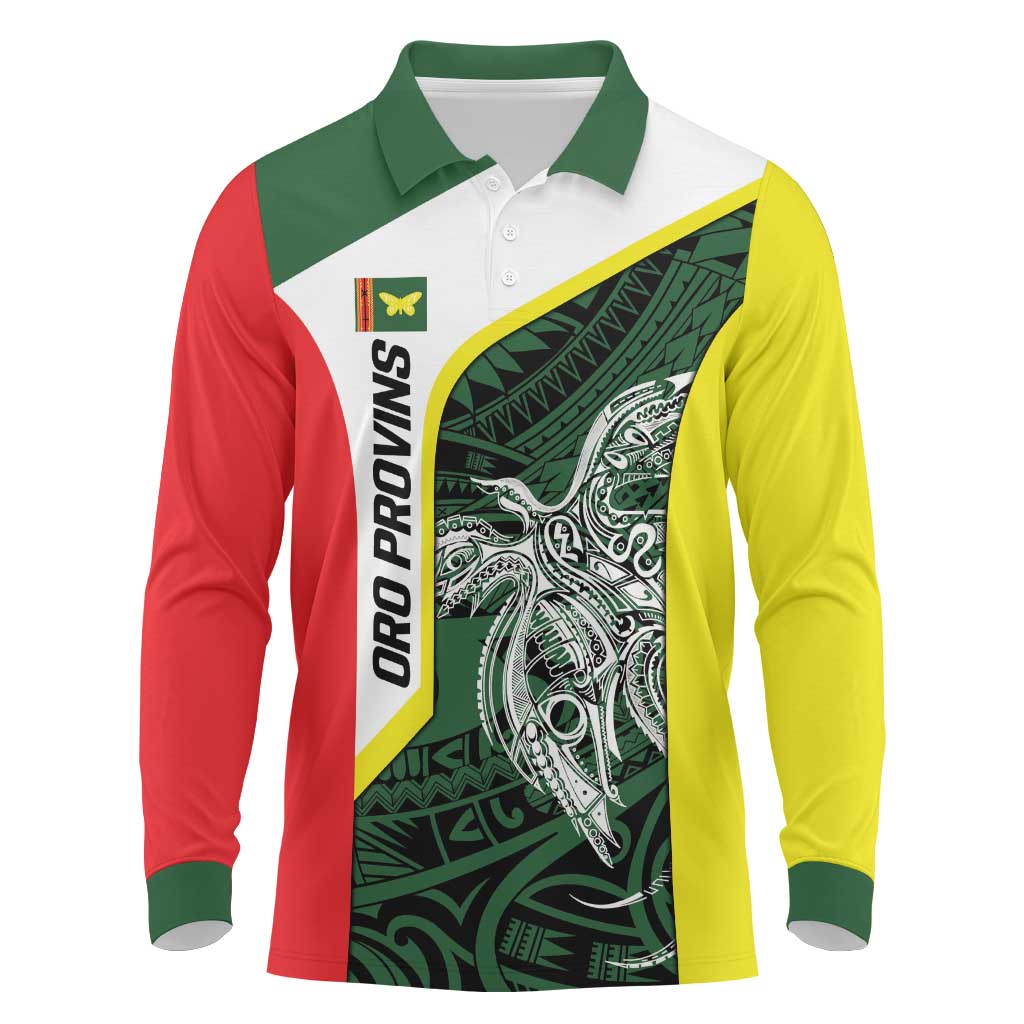Personalised PNG Oro Province Long Sleeve Polo Shirt Bird of Paradise Tattoo Flag Motif LT9 Green - Polynesian Pride