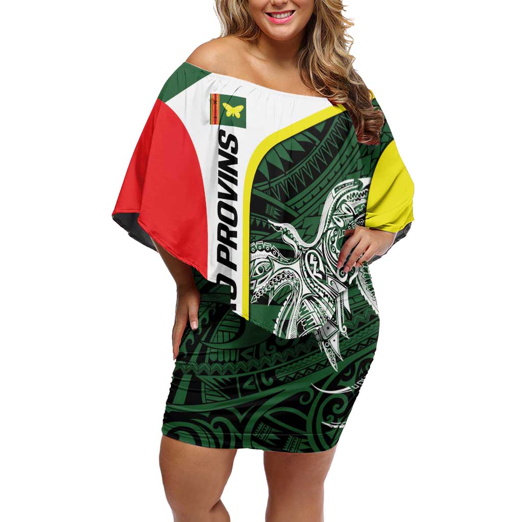 Personalised PNG Oro Province Off Shoulder Short Dress Bird of Paradise Tattoo Flag Motif LT9 Women Green - Polynesian Pride