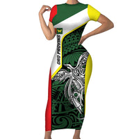 Personalised PNG Oro Province Short Sleeve Bodycon Dress Bird of Paradise Tattoo Flag Motif LT9 Long Dress Green - Polynesian Pride