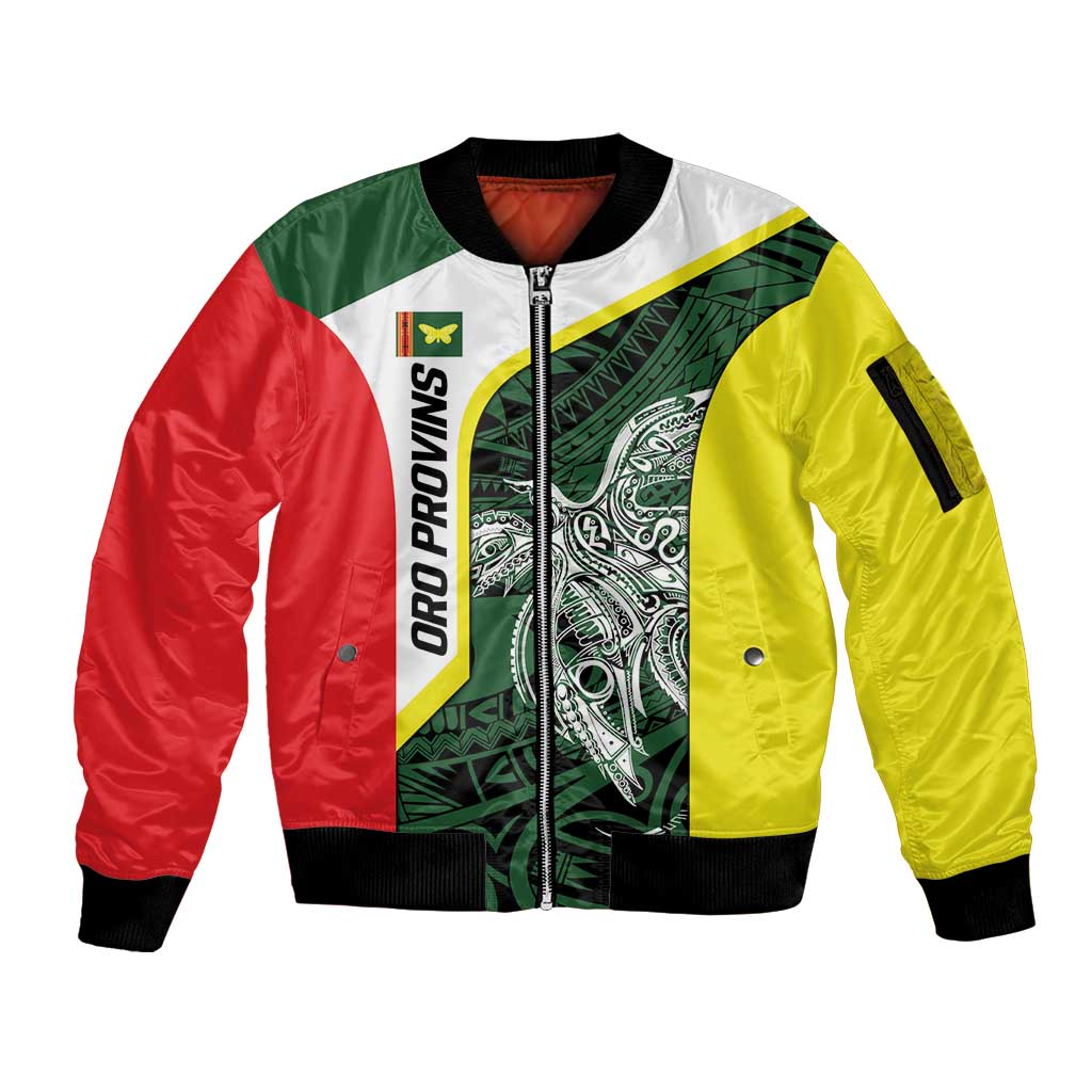 Personalised PNG Oro Province Sleeve Zip Bomber Jacket Bird of Paradise Tattoo Flag Motif LT9 Unisex Green - Polynesian Pride