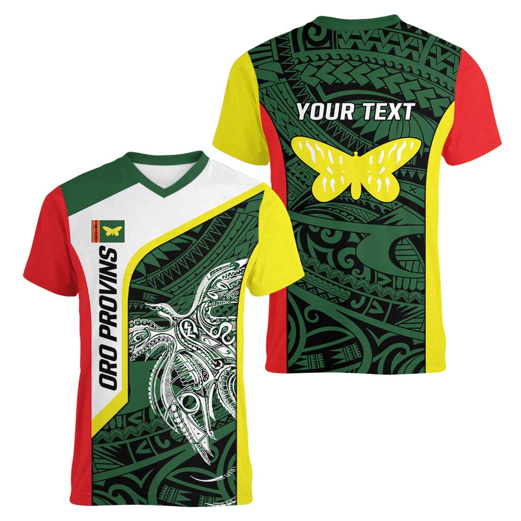 Personalised PNG Oro Province Women V-Neck T-Shirt Bird of Paradise Tattoo Flag Motif LT9 - Polynesian Pride