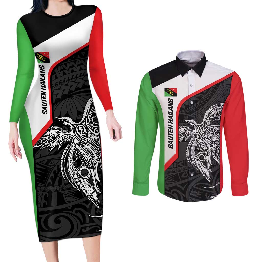 Personalised PNG Southern Highlands Province Couples Matching Long Sleeve Bodycon Dress and Long Sleeve Button Shirt Bird of Paradise Tattoo Flag Motif LT9 Red - Polynesian Pride