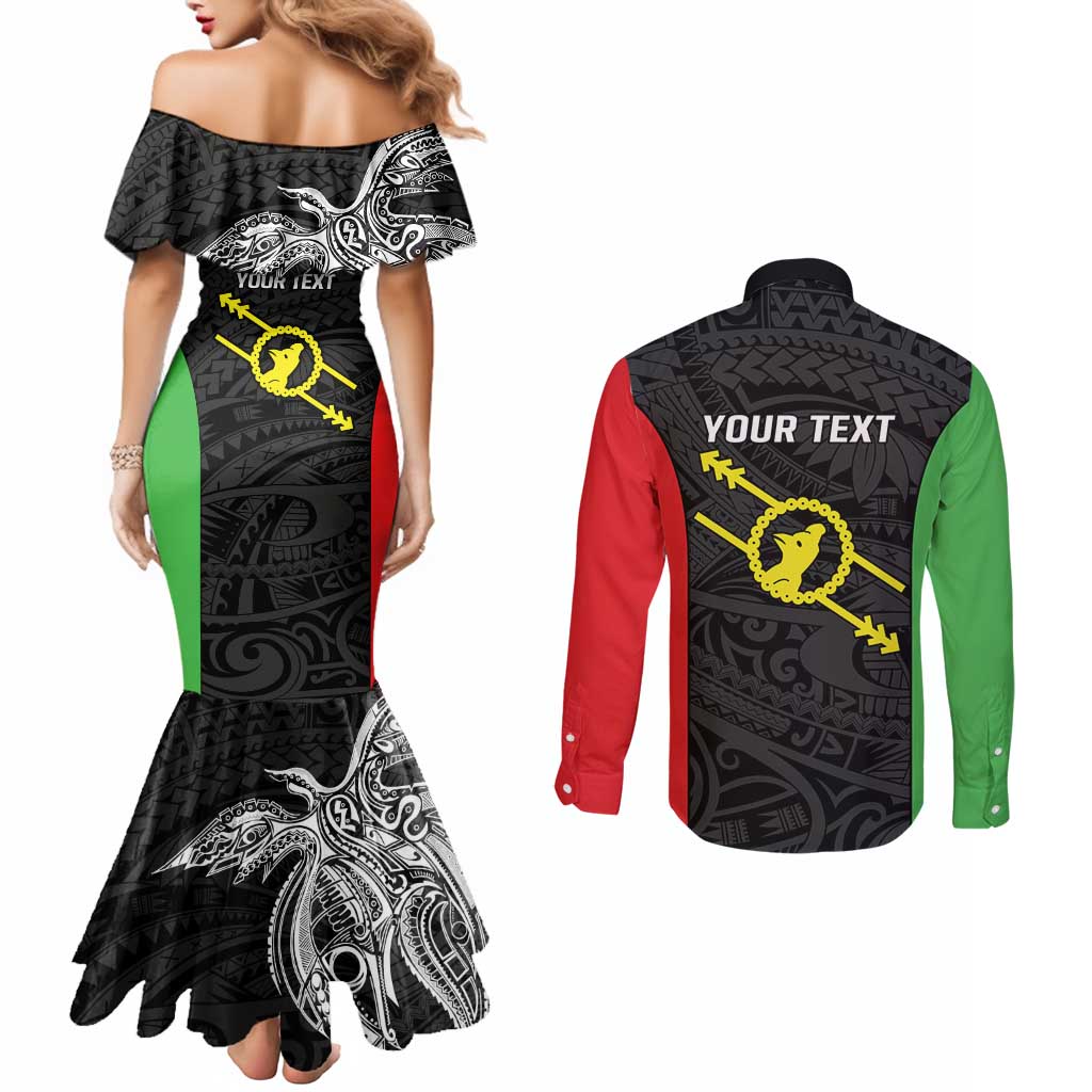 Personalised PNG Southern Highlands Province Couples Matching Mermaid Dress and Long Sleeve Button Shirt Bird of Paradise Tattoo Flag Motif LT9 - Polynesian Pride