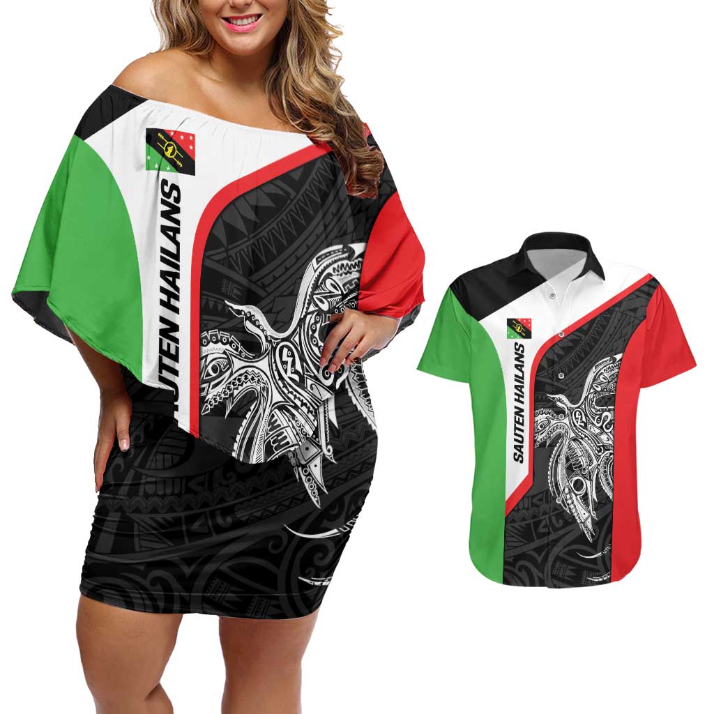 Personalised PNG Southern Highlands Province Couples Matching Off Shoulder Short Dress and Hawaiian Shirt Bird of Paradise Tattoo Flag Motif - Polynesian Pride