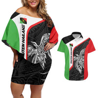 Personalised PNG Southern Highlands Province Couples Matching Off Shoulder Short Dress and Hawaiian Shirt Bird of Paradise Tattoo Flag Motif LT9 Red - Polynesian Pride
