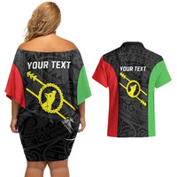 Personalised PNG Southern Highlands Province Couples Matching Off Shoulder Short Dress and Hawaiian Shirt Bird of Paradise Tattoo Flag Motif LT9 - Polynesian Pride