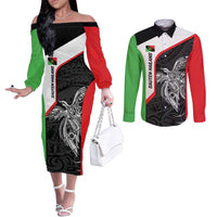 Personalised PNG Southern Highlands Province Couples Matching Off The Shoulder Long Sleeve Dress and Long Sleeve Button Shirt Bird of Paradise Tattoo Flag Motif LT9 Red - Polynesian Pride