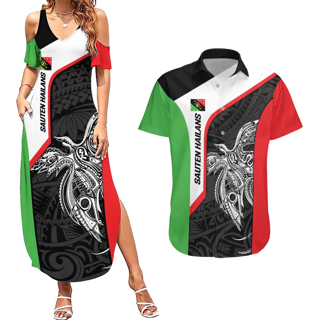 Personalised PNG Southern Highlands Province Couples Matching Summer Maxi Dress and Hawaiian Shirt Bird of Paradise Tattoo Flag Motif - Polynesian Pride