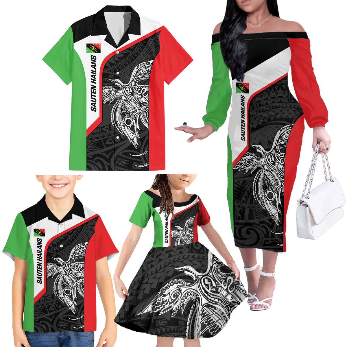 Personalised PNG Southern Highlands Province Family Matching Off The Shoulder Long Sleeve Dress and Hawaiian Shirt Bird of Paradise Tattoo Flag Motif LT9 - Polynesian Pride
