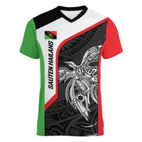 Personalised PNG Southern Highlands Province Women V-Neck T-Shirt Bird of Paradise Tattoo Flag Motif LT9 Female Red - Polynesian Pride