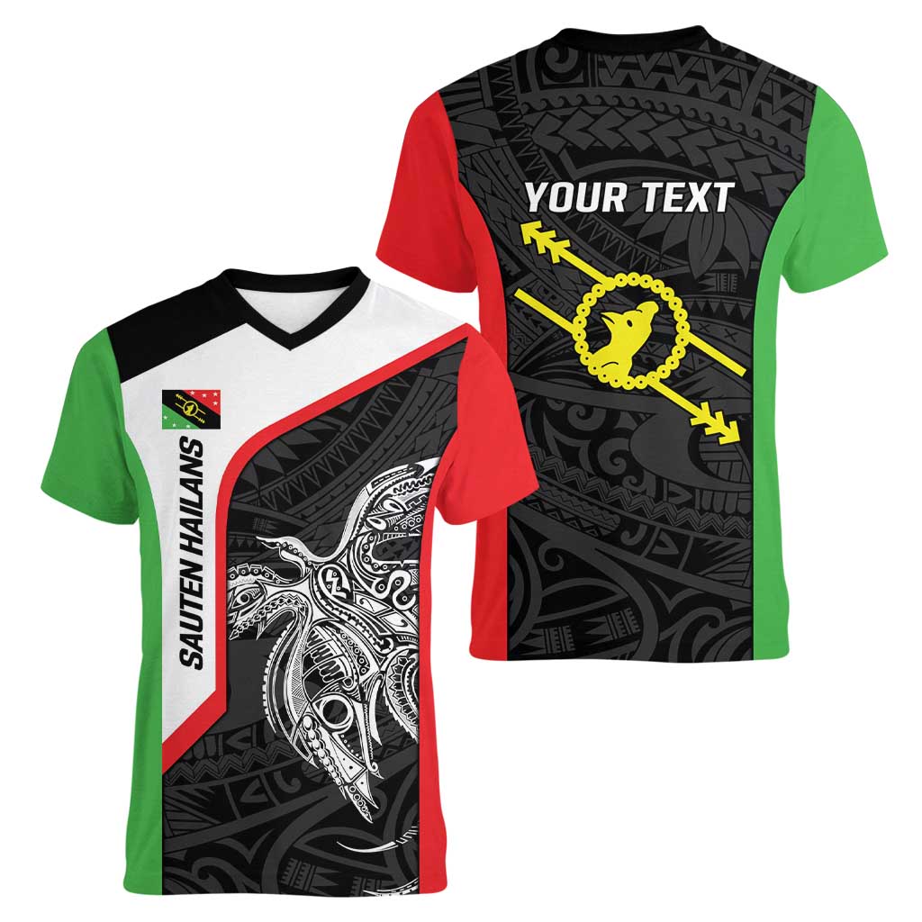 Personalised PNG Southern Highlands Province Women V-Neck T-Shirt Bird of Paradise Tattoo Flag Motif LT9 - Polynesian Pride