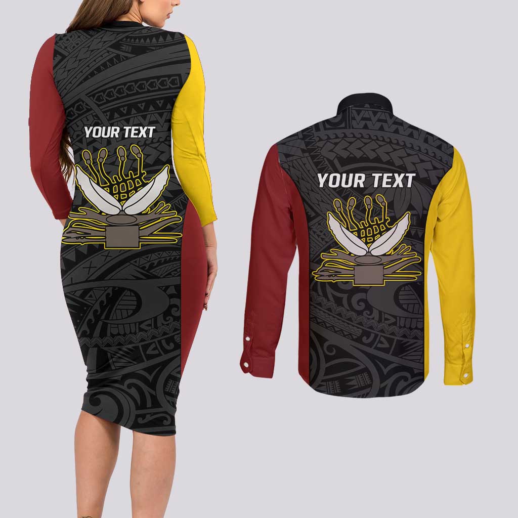 Personalised PNG Western Province Couples Matching Long Sleeve Bodycon Dress and Long Sleeve Button Shirt Bird of Paradise Tattoo Flag Motif LT9 - Polynesian Pride