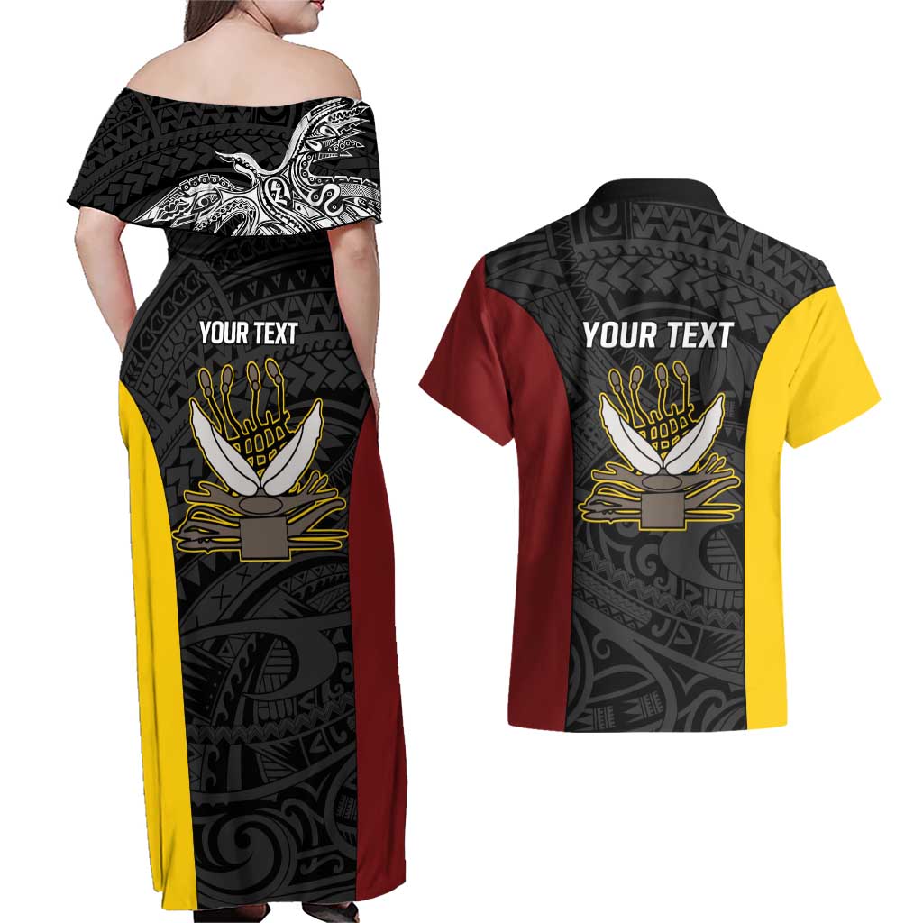 Personalised PNG Western Province Couples Matching Off Shoulder Maxi Dress and Hawaiian Shirt Bird of Paradise Tattoo Flag Motif LT9 - Polynesian Pride
