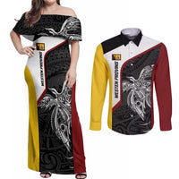 Personalised PNG Western Province Couples Matching Off Shoulder Maxi Dress and Long Sleeve Button Shirt Bird of Paradise Tattoo Flag Motif LT9 Red - Polynesian Pride