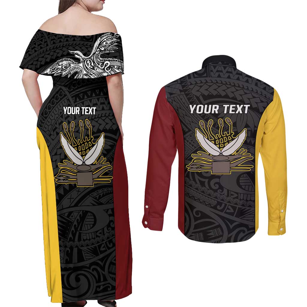 Personalised PNG Western Province Couples Matching Off Shoulder Maxi Dress and Long Sleeve Button Shirt Bird of Paradise Tattoo Flag Motif LT9 - Polynesian Pride