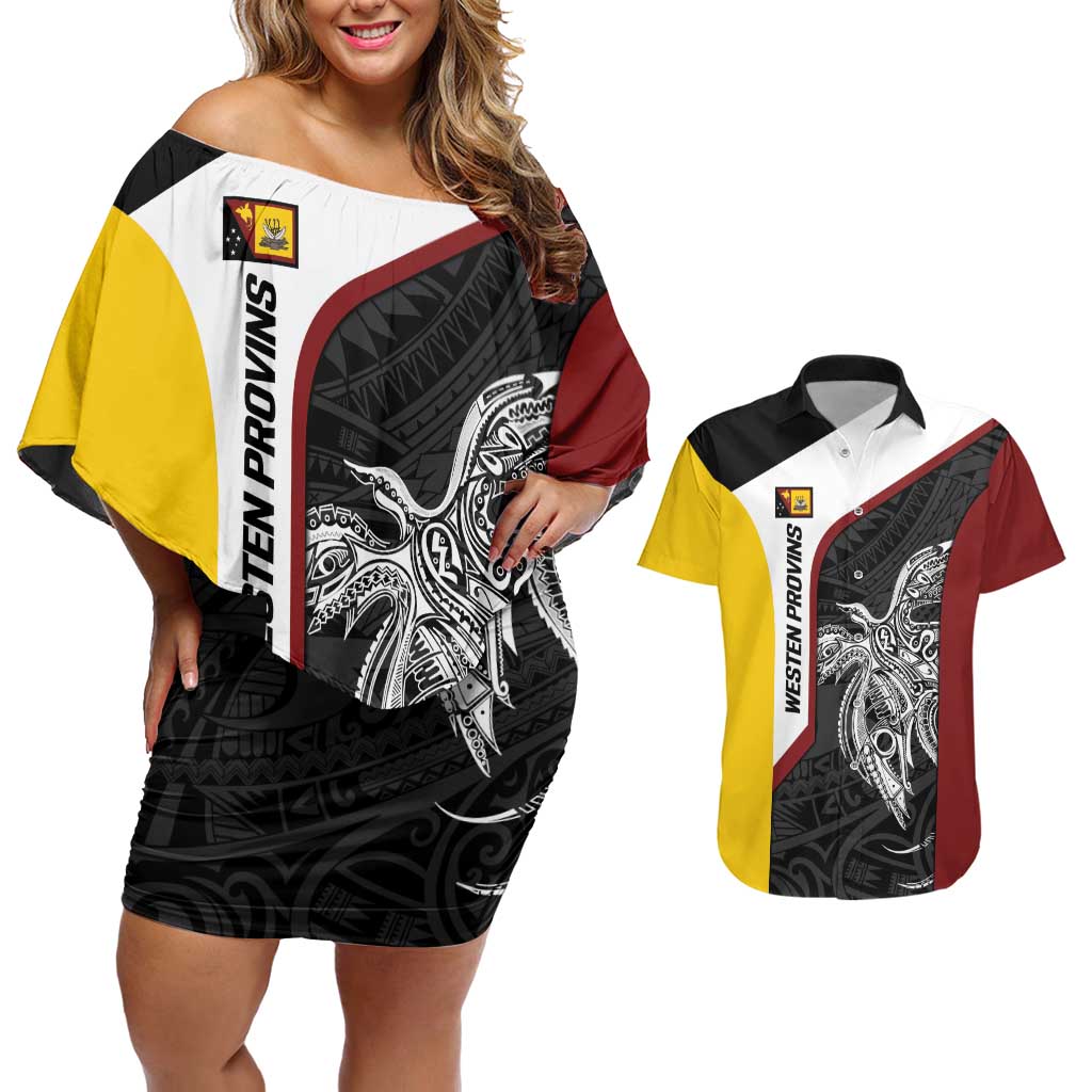 Personalised PNG Western Province Couples Matching Off Shoulder Short Dress and Hawaiian Shirt Bird of Paradise Tattoo Flag Motif - Polynesian Pride