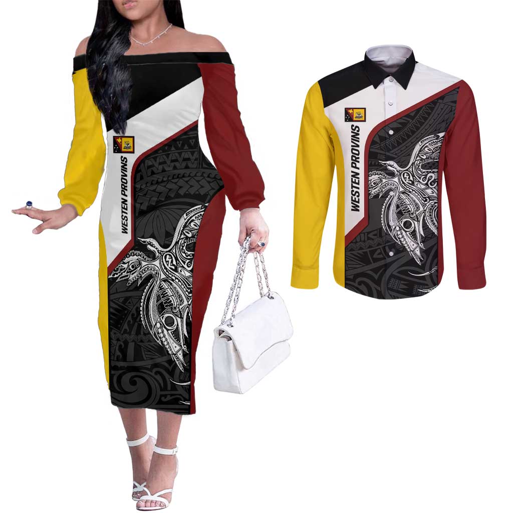 Personalised PNG Western Province Couples Matching Off The Shoulder Long Sleeve Dress and Long Sleeve Button Shirt Bird of Paradise Tattoo Flag Motif LT9 Red - Polynesian Pride