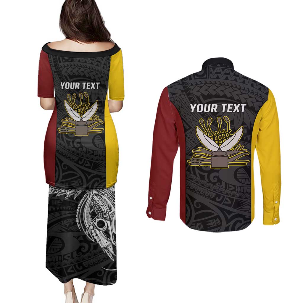 Personalised PNG Western Province Couples Matching Puletasi and Long Sleeve Button Shirt Bird of Paradise Tattoo Flag Motif LT9 - Polynesian Pride