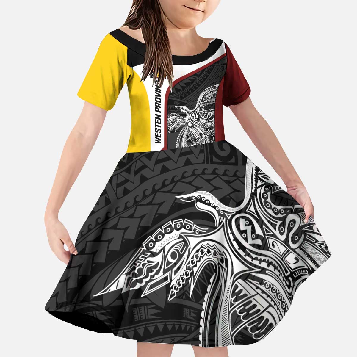Personalised PNG Western Province Family Matching Off The Shoulder Long Sleeve Dress and Hawaiian Shirt Bird of Paradise Tattoo Flag Motif LT9 Daughter's Dress Red - Polynesian Pride