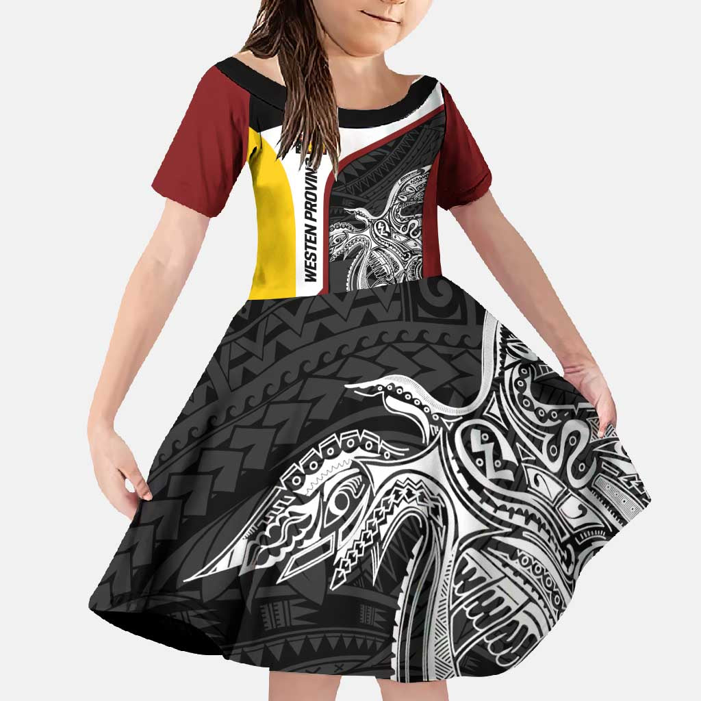 Personalised PNG Western Province Family Matching Off Shoulder Maxi Dress and Hawaiian Shirt Bird of Paradise Tattoo Flag Motif LT9 Daughter's Dress Red - Polynesian Pride