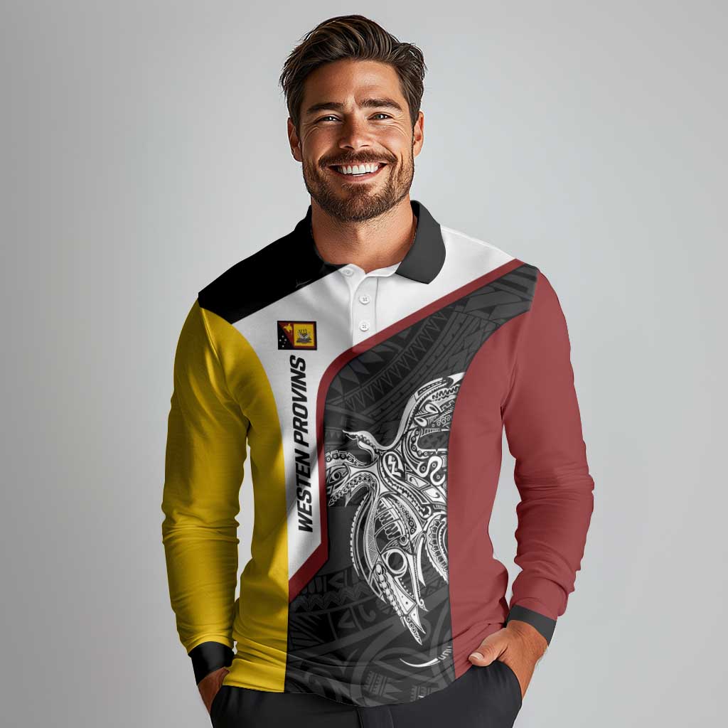 Personalised PNG Western Province Long Sleeve Polo Shirt Bird of Paradise Tattoo Flag Motif LT9 - Polynesian Pride