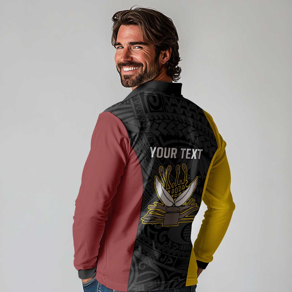 Personalised PNG Western Province Long Sleeve Polo Shirt Bird of Paradise Tattoo Flag Motif LT9 - Polynesian Pride
