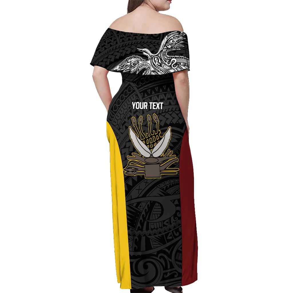 Personalised PNG Western Province Off Shoulder Maxi Dress Bird of Paradise Tattoo Flag Motif LT9 - Polynesian Pride