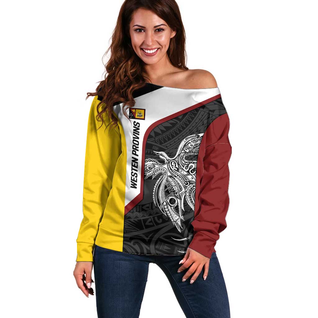 Personalised PNG Western Province Off Shoulder Sweater Bird of Paradise Tattoo Flag Motif LT9 Women Red - Polynesian Pride
