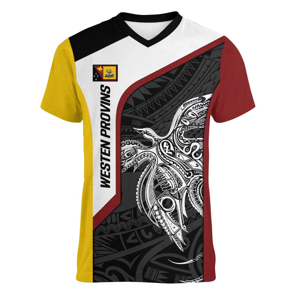 Personalised PNG Western Province Women V-Neck T-Shirt Bird of Paradise Tattoo Flag Motif LT9 Female Red - Polynesian Pride