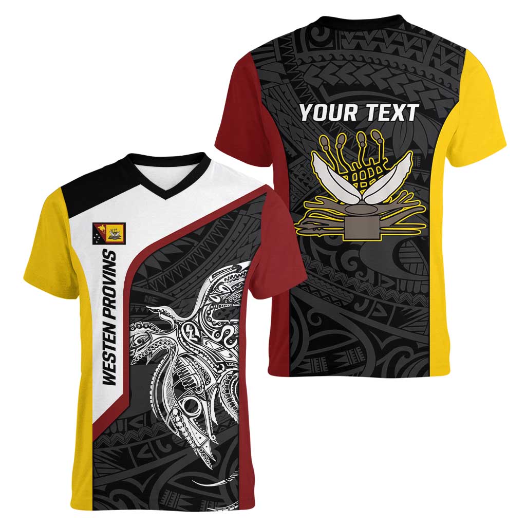 Personalised PNG Western Province Women V-Neck T-Shirt Bird of Paradise Tattoo Flag Motif LT9 - Polynesian Pride