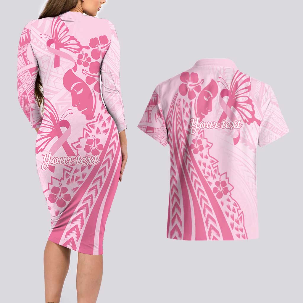 Pacific Girl and Butterfly Cancer Ribbon Personalised Couples Matching Long Sleeve Bodycon Dress and Hawaiian Shirt LT9 - Polynesian Pride