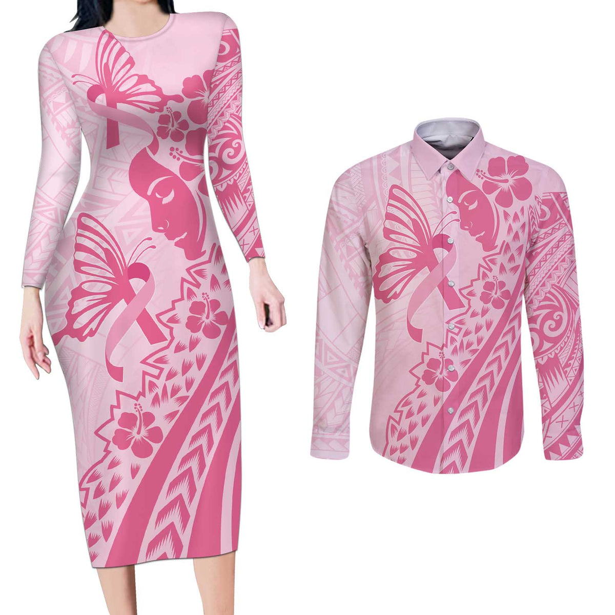 Pacific Girl and Butterfly Cancer Ribbon Personalised Couples Matching Long Sleeve Bodycon Dress and Long Sleeve Button Shirt LT9 Pink - Polynesian Pride