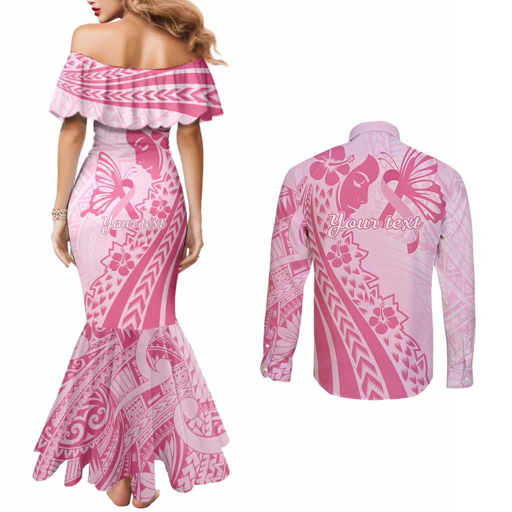 Pacific Girl and Butterfly Cancer Ribbon Personalised Couples Matching Mermaid Dress and Long Sleeve Button Shirt LT9 - Polynesian Pride
