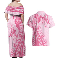Pacific Girl and Butterfly Cancer Ribbon Personalised Couples Matching Off Shoulder Maxi Dress and Hawaiian Shirt LT9 - Polynesian Pride
