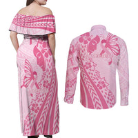 Pacific Girl and Butterfly Cancer Ribbon Personalised Couples Matching Off Shoulder Maxi Dress and Long Sleeve Button Shirt LT9 - Polynesian Pride